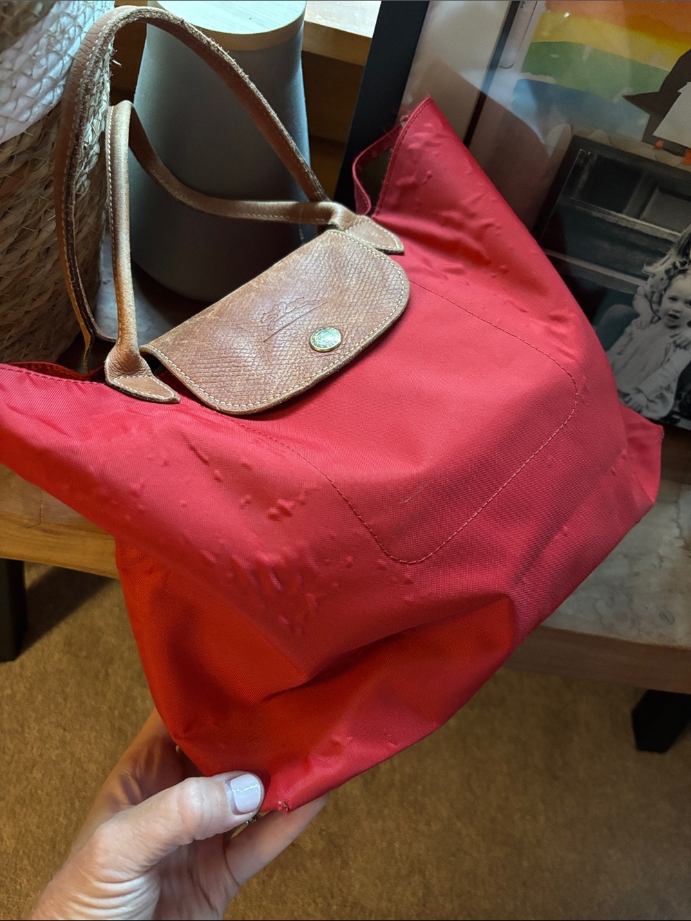 Red Longchamp Nylon Tote Bag with Brown Leather Trim - Picture 5 of 13
